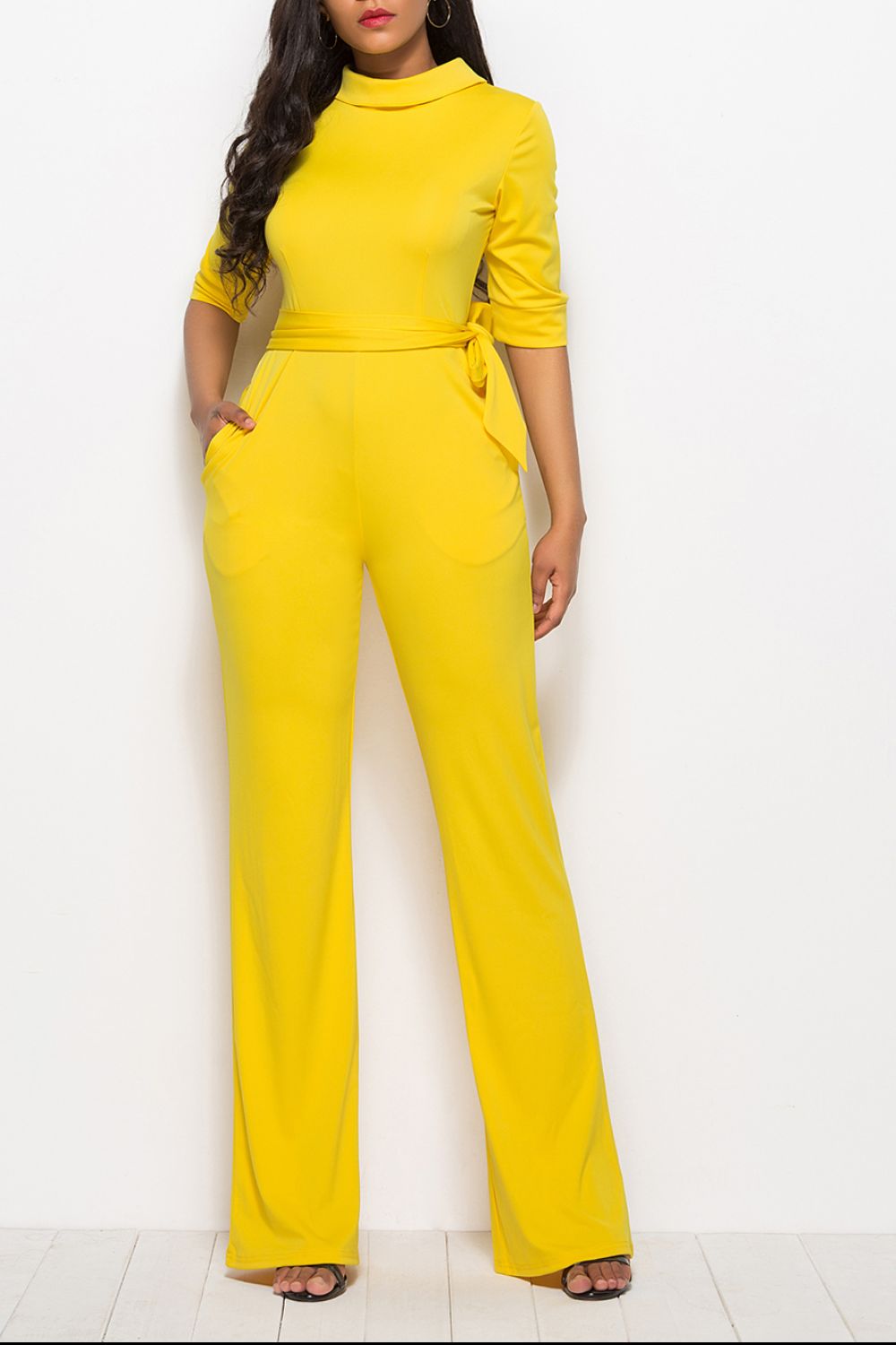 Mock Neck Tie-Waist Half Sleeve Jumpsuit | Sugarz Chique Boutique