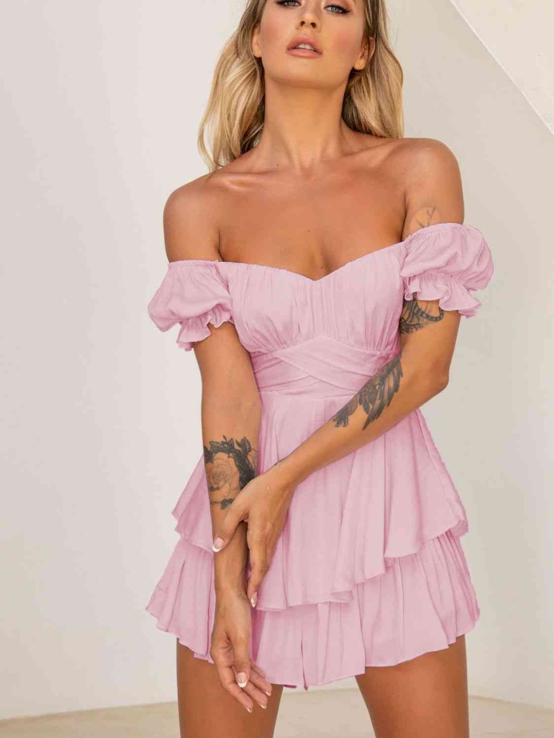 Off Shoulder Flounce Sleeve Romper | Sugarz Chique Boutique