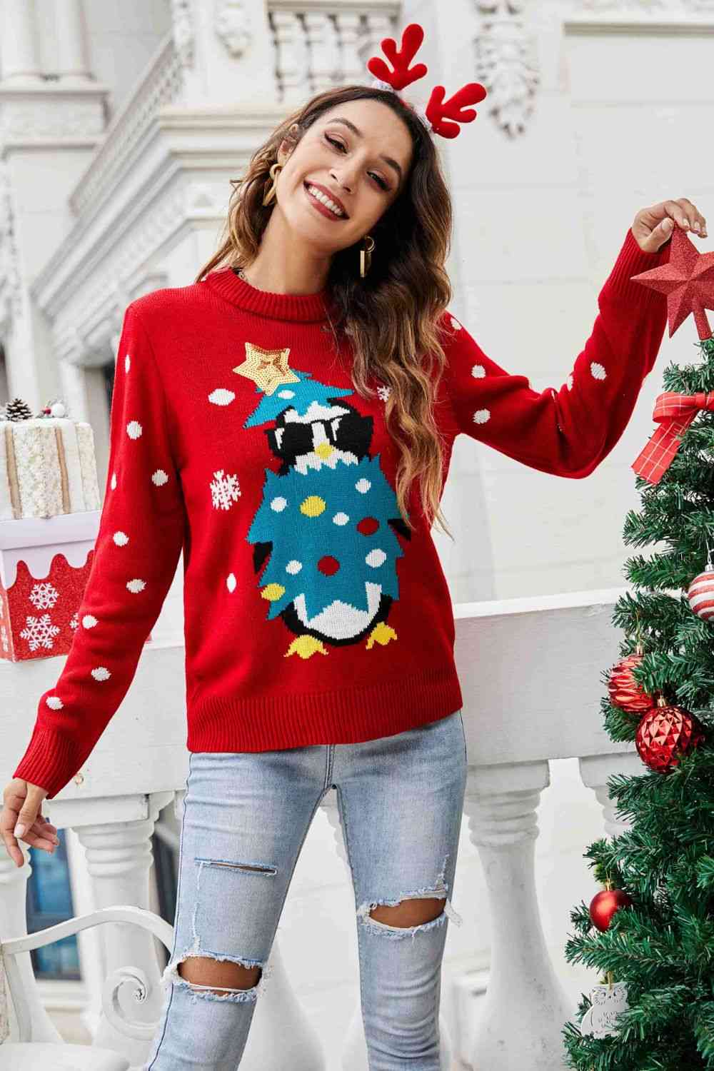 Christmas Penguin Graphic Sequin Sweater | Sugarz Chique Boutique