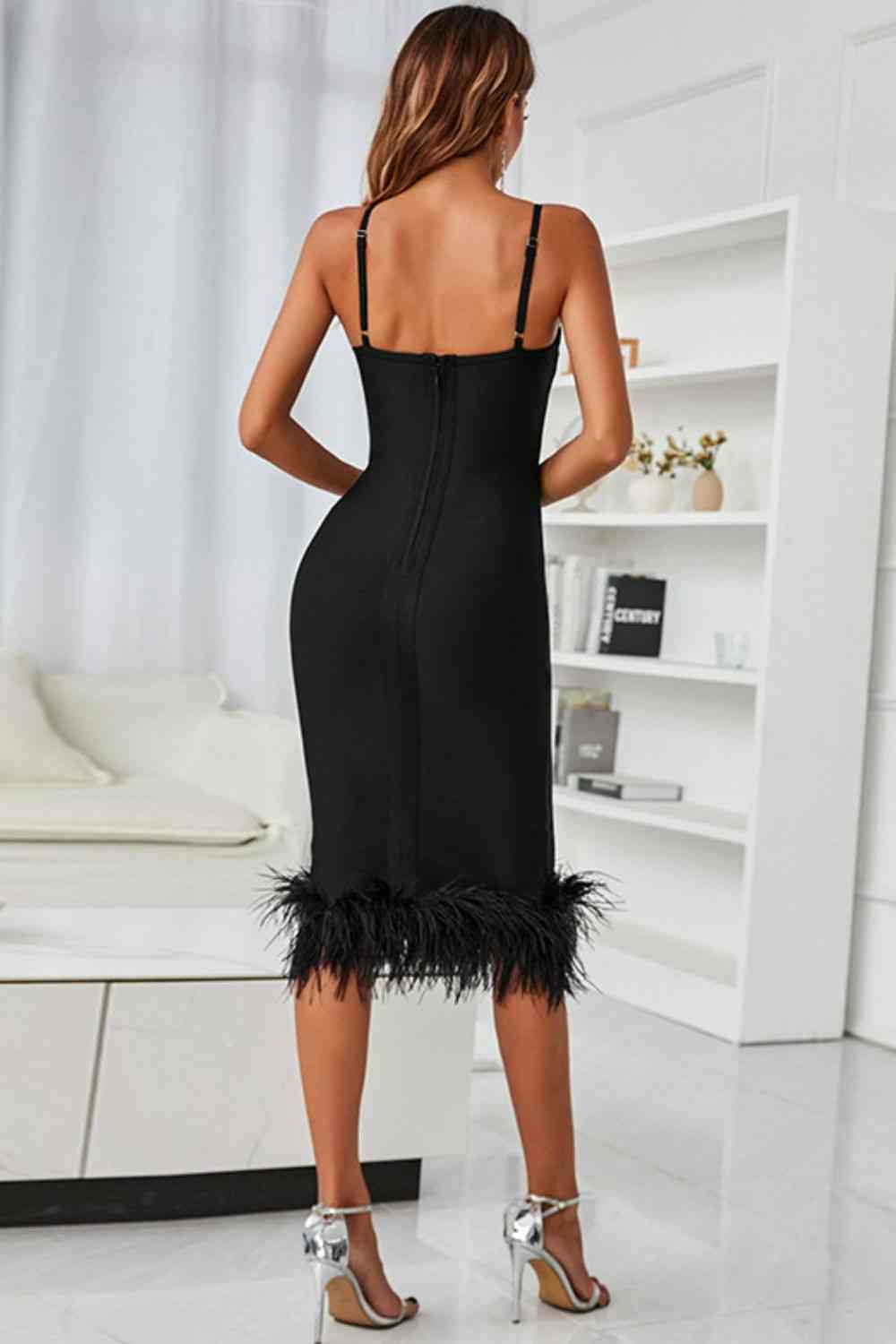 Spaghetti Strap Feather Trim Bodycon Dress | Sugarz Chique Boutique