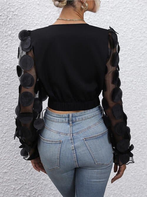 Ruched Plunge Mesh Long Sleeves Blouse | Sugarz Chique Boutique