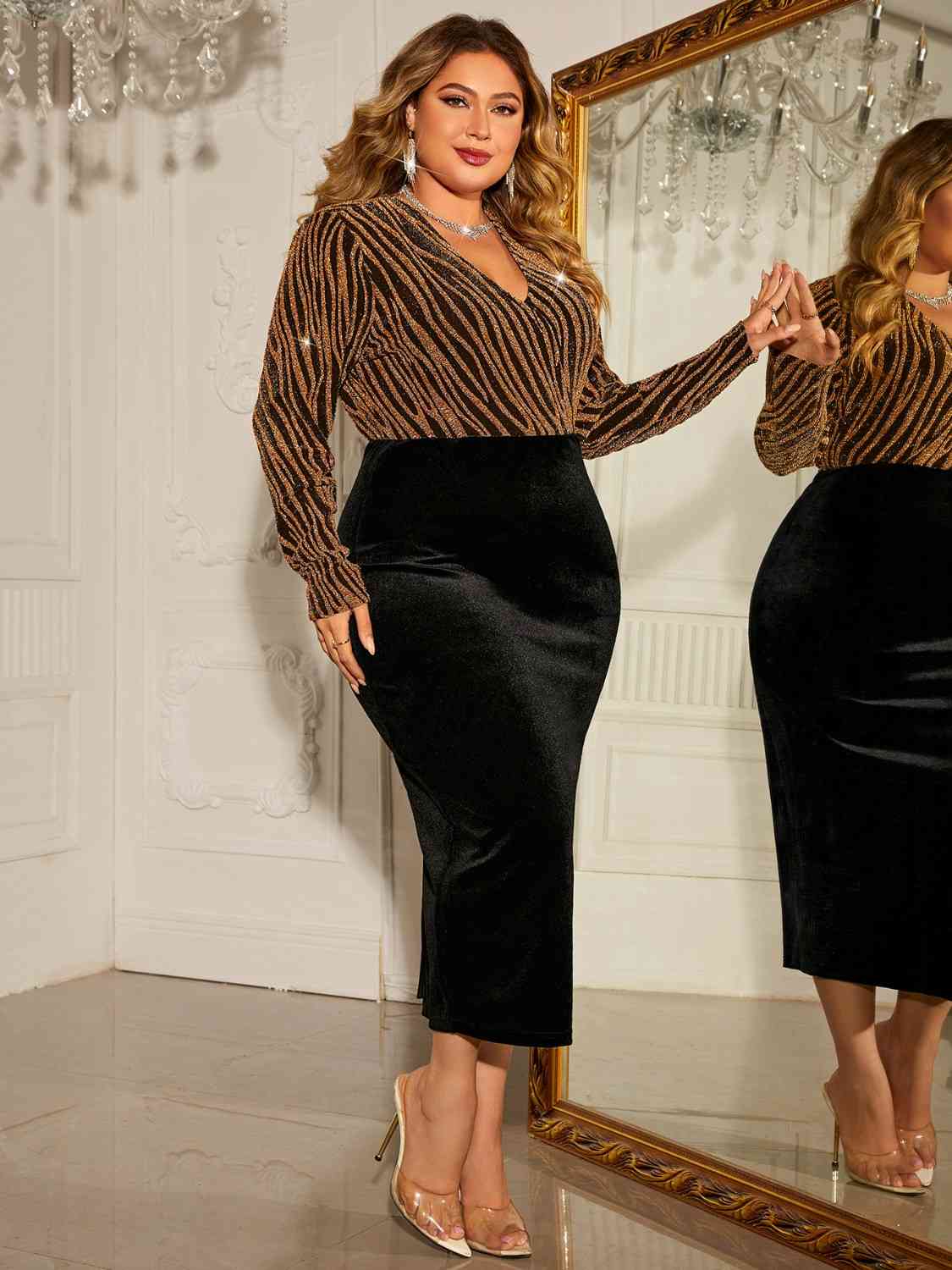 Plus Size Surplice Neck Long Sleeve Slit Dress | Sugarz Chique Boutique