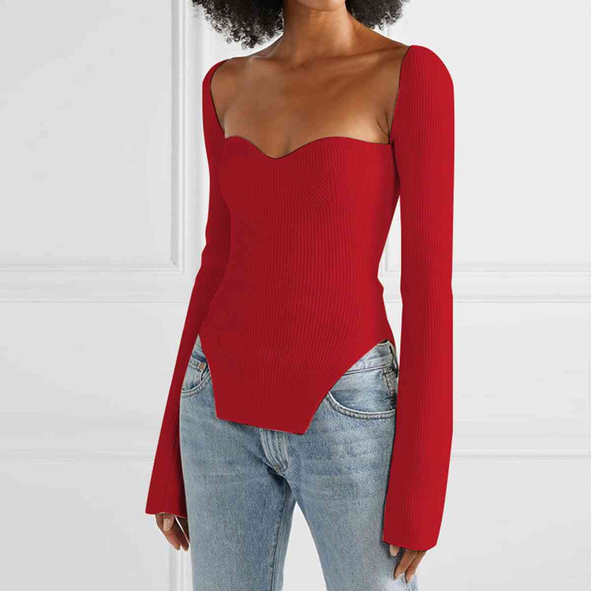 Sweetheart Neck Long Sleeve Knit Top | Sugarz Chique Boutique