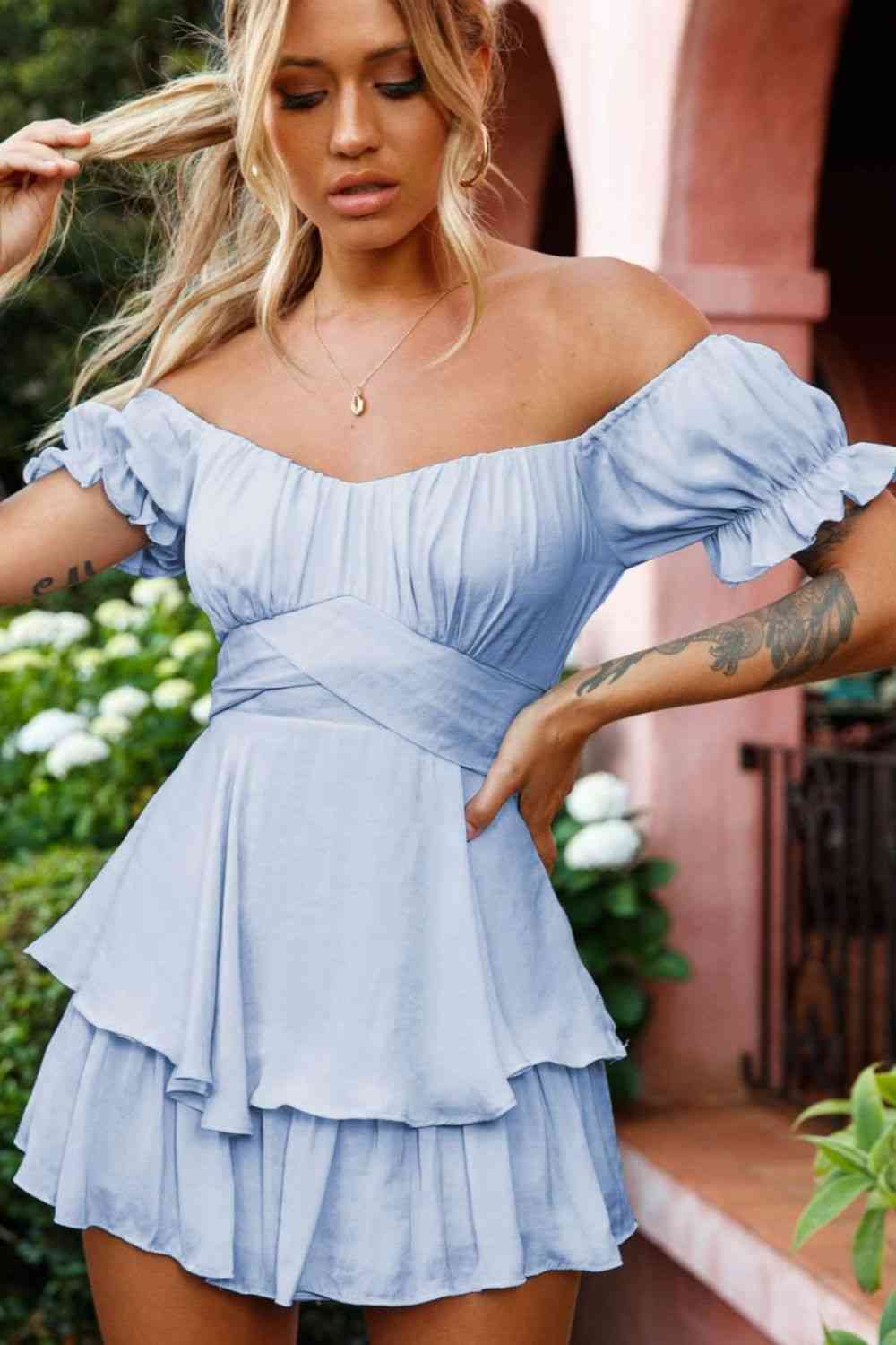 Off Shoulder Flounce Sleeve Romper | Sugarz Chique Boutique