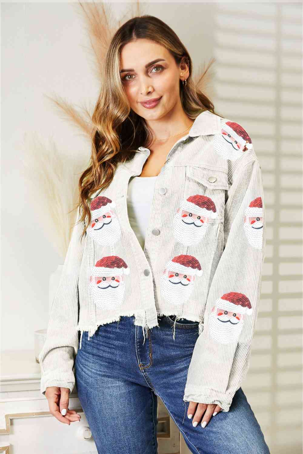 Santa Sequin Raw Hem Jacket | Sugarz Chique Boutique