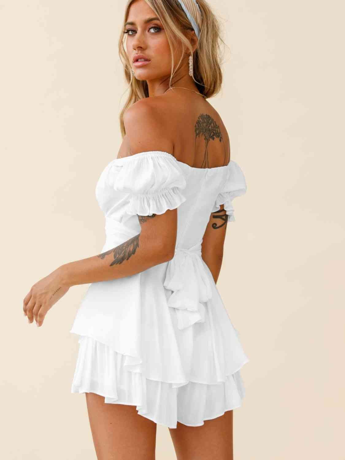 Off Shoulder Flounce Sleeve Romper | Sugarz Chique Boutique