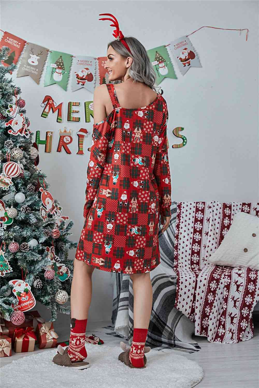 Christmas Asymmetrical Neck Long Sleeve Dress | Sugarz Chique Boutique