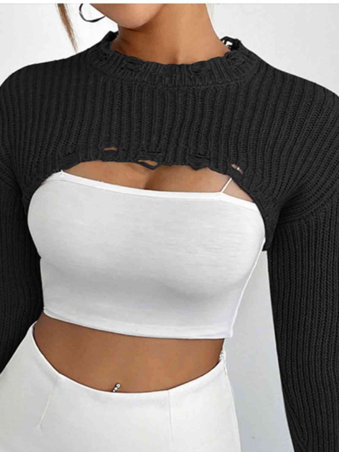 Distressed Long Sleeve Cropped Sweater | Sugarz Chique Boutique