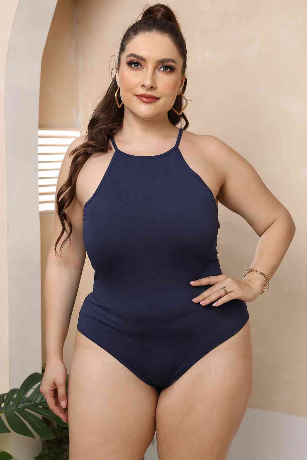 Plus Size Halter Neck Spaghetti Strap Bodysuit | Sugarz Chique Boutique