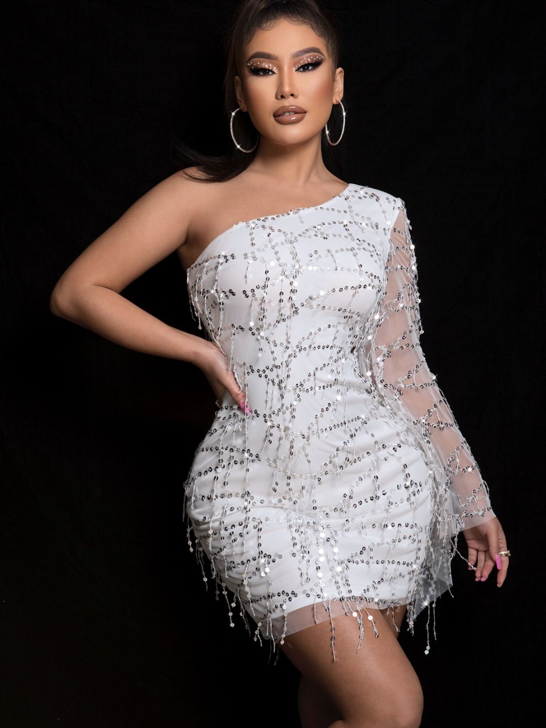 Sequin One Shoulder Spliced Mesh Sleeve Dress | Sugarz Chique Boutique