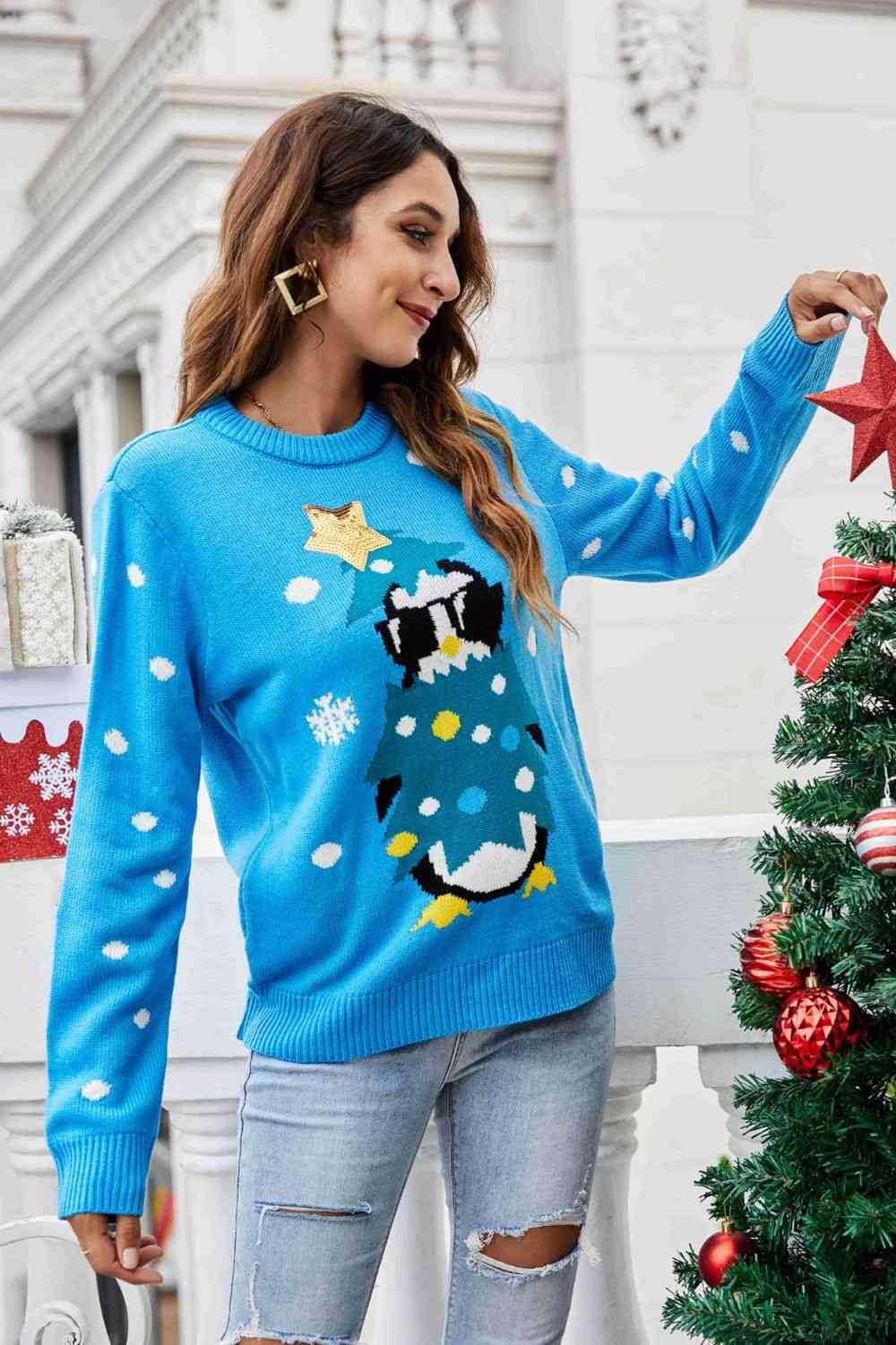 Christmas Penguin Graphic Sequin Sweater | Sugarz Chique Boutique
