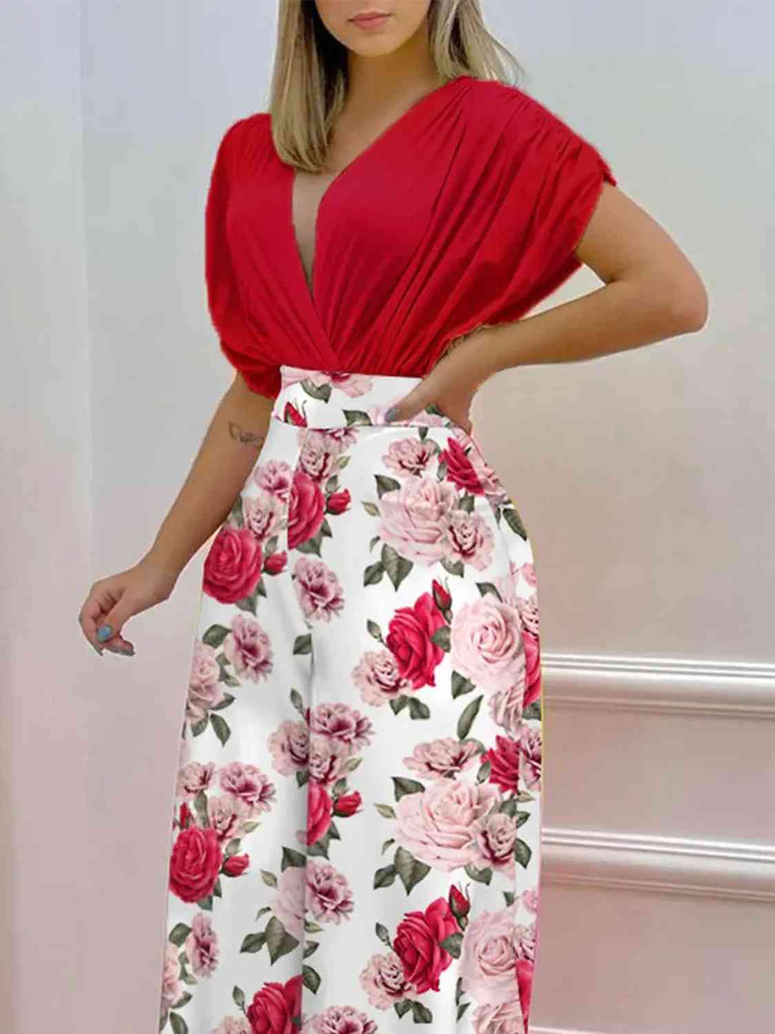 Printed Surplice Top and Wide Leg Pants Set | Sugarz Chique Boutique