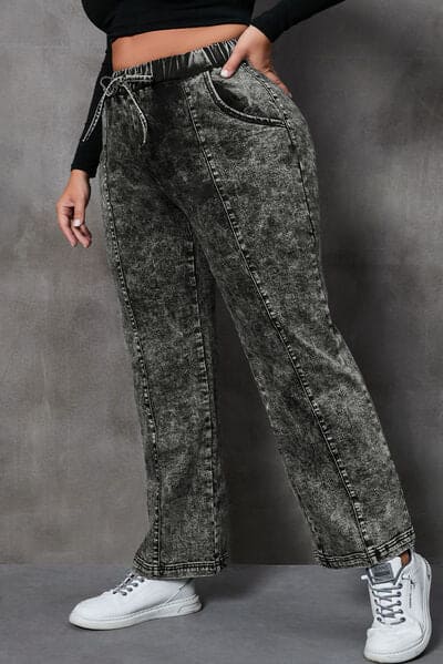 Plus Size Drawstring Pocketed Straight Jeans | Sugarz Chique Boutique
