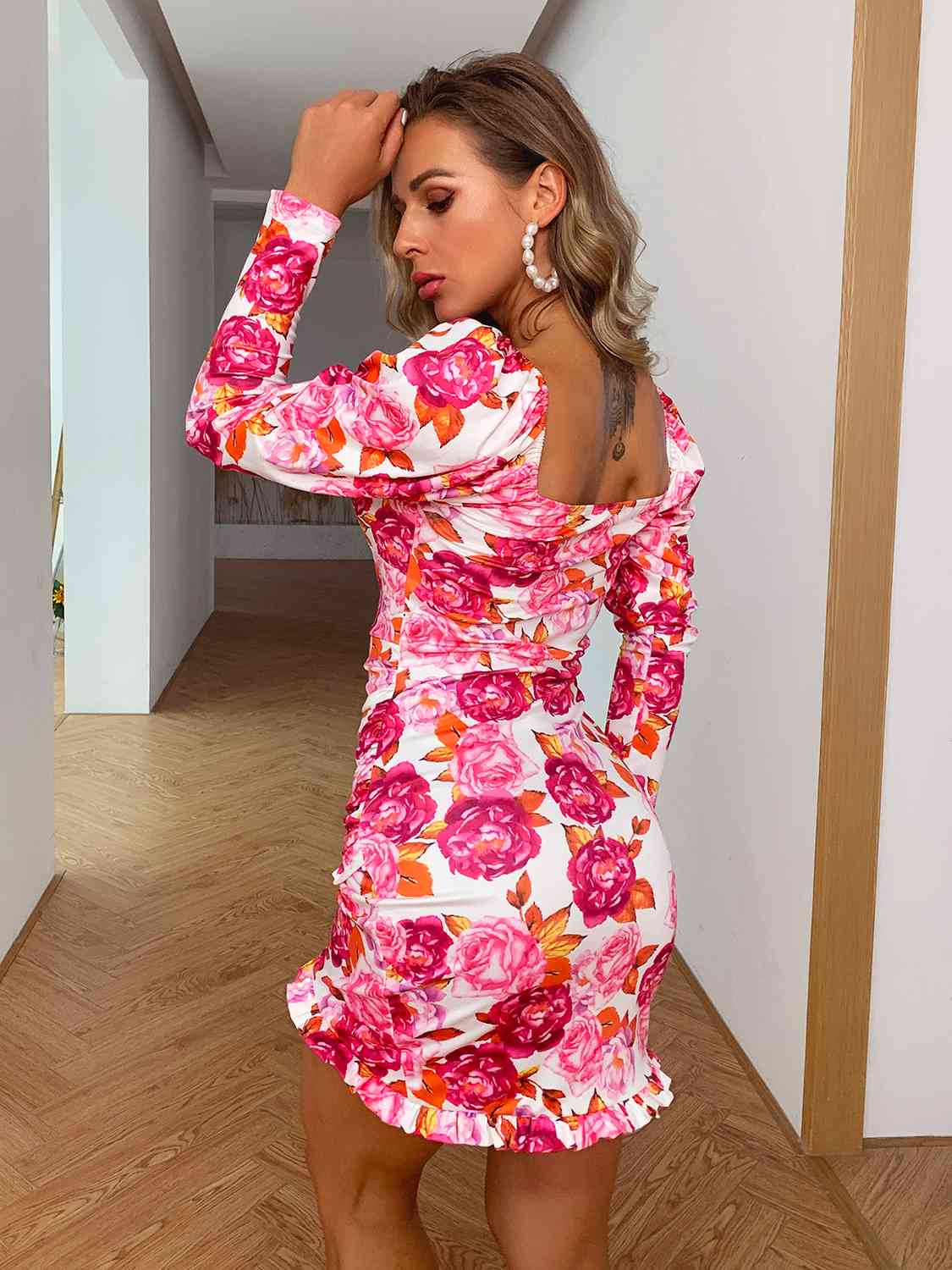 Floral Ruched Leg-Of-Mutton Sleeve Dress | Sugarz Chique Boutique
