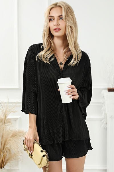 Pleated Button Up Shirt and Shorts Lounge Set | Sugarz Chique Boutique