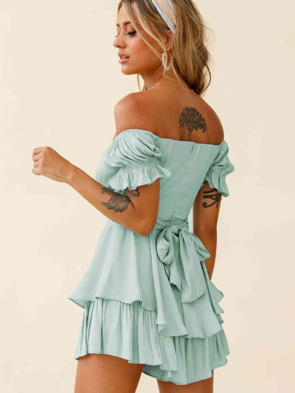 Off Shoulder Flounce Sleeve Romper | Sugarz Chique Boutique