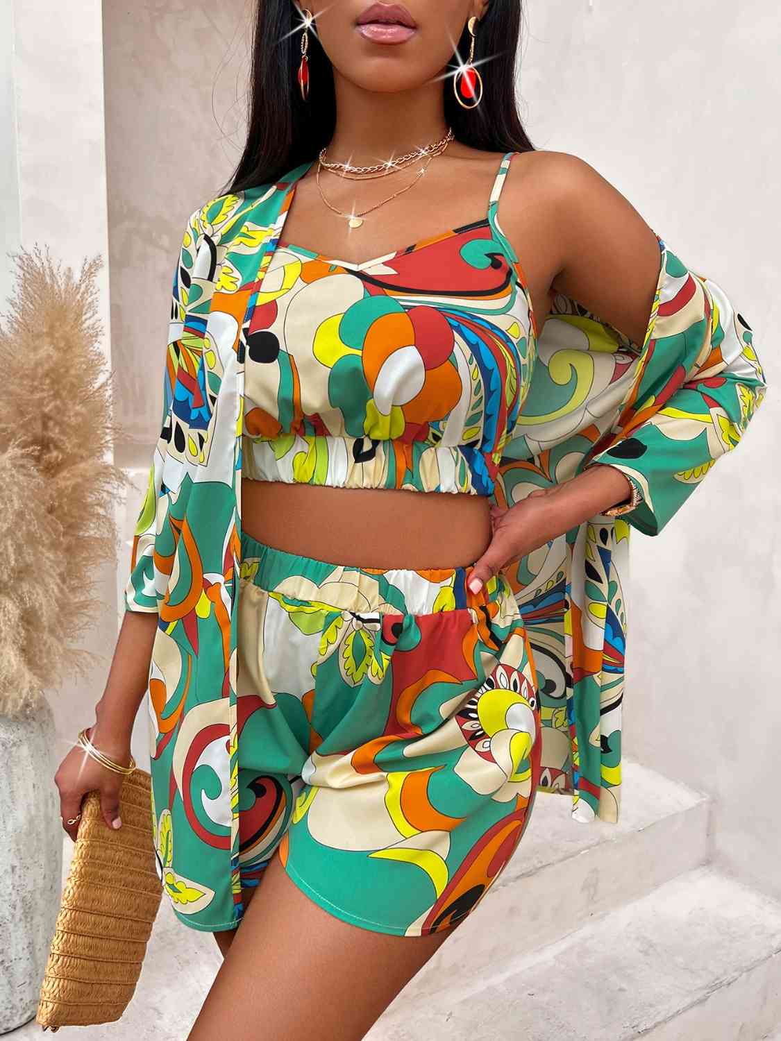 Printed Cami, Shorts, and Cardigan Set | Sugarz Chique Boutique