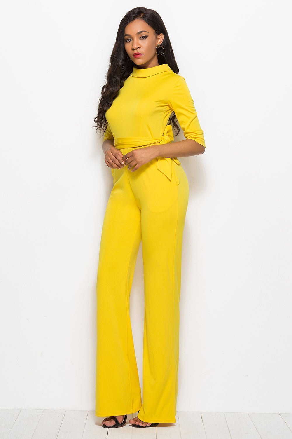 Mock Neck Tie-Waist Half Sleeve Jumpsuit | Sugarz Chique Boutique