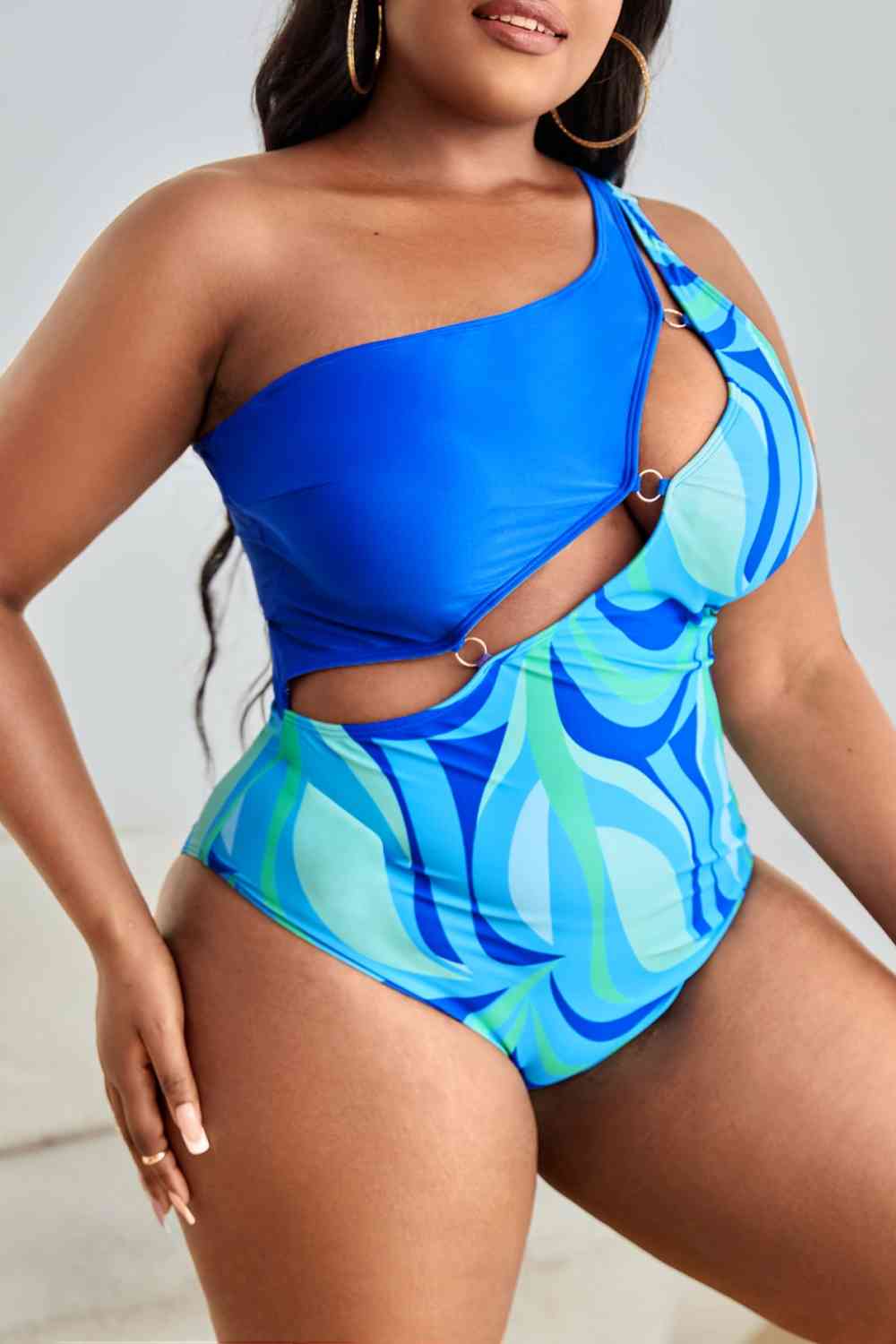 Plus Size Printed Ring Detail One-Shoulder One-Piece Swimsuit | Sugarz Chique Boutique