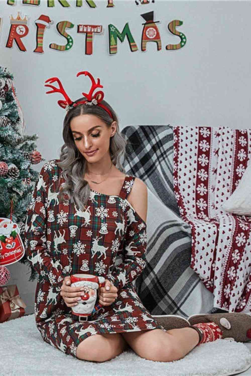 Christmas Asymmetrical Neck Long Sleeve Dress | Sugarz Chique Boutique