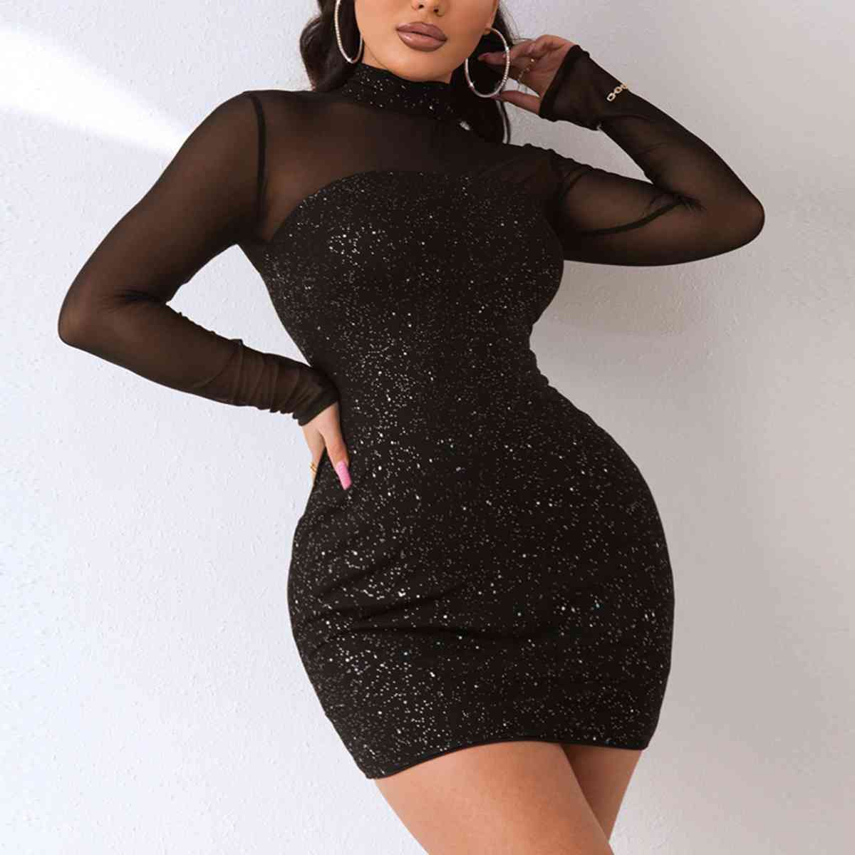 Sequin Mock Neck Mesh Dress | Sugarz Chique Boutique