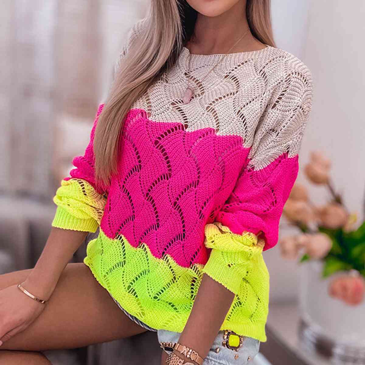 Openwork Color Block Pullover Sweater | Sugarz Chique Boutique