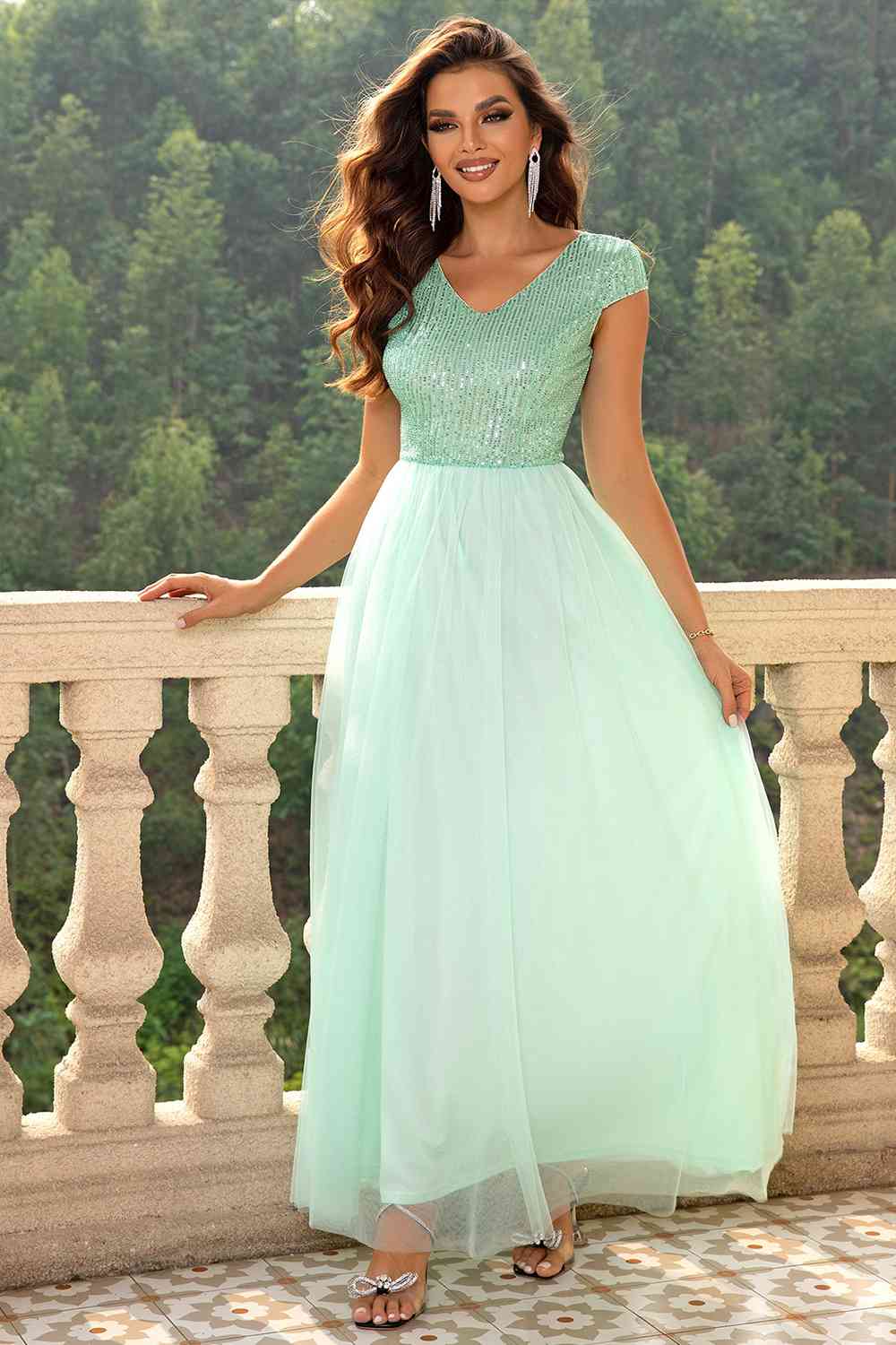 Sequin V-Neck Mesh Maxi Dress | Sugarz Chique Boutique
