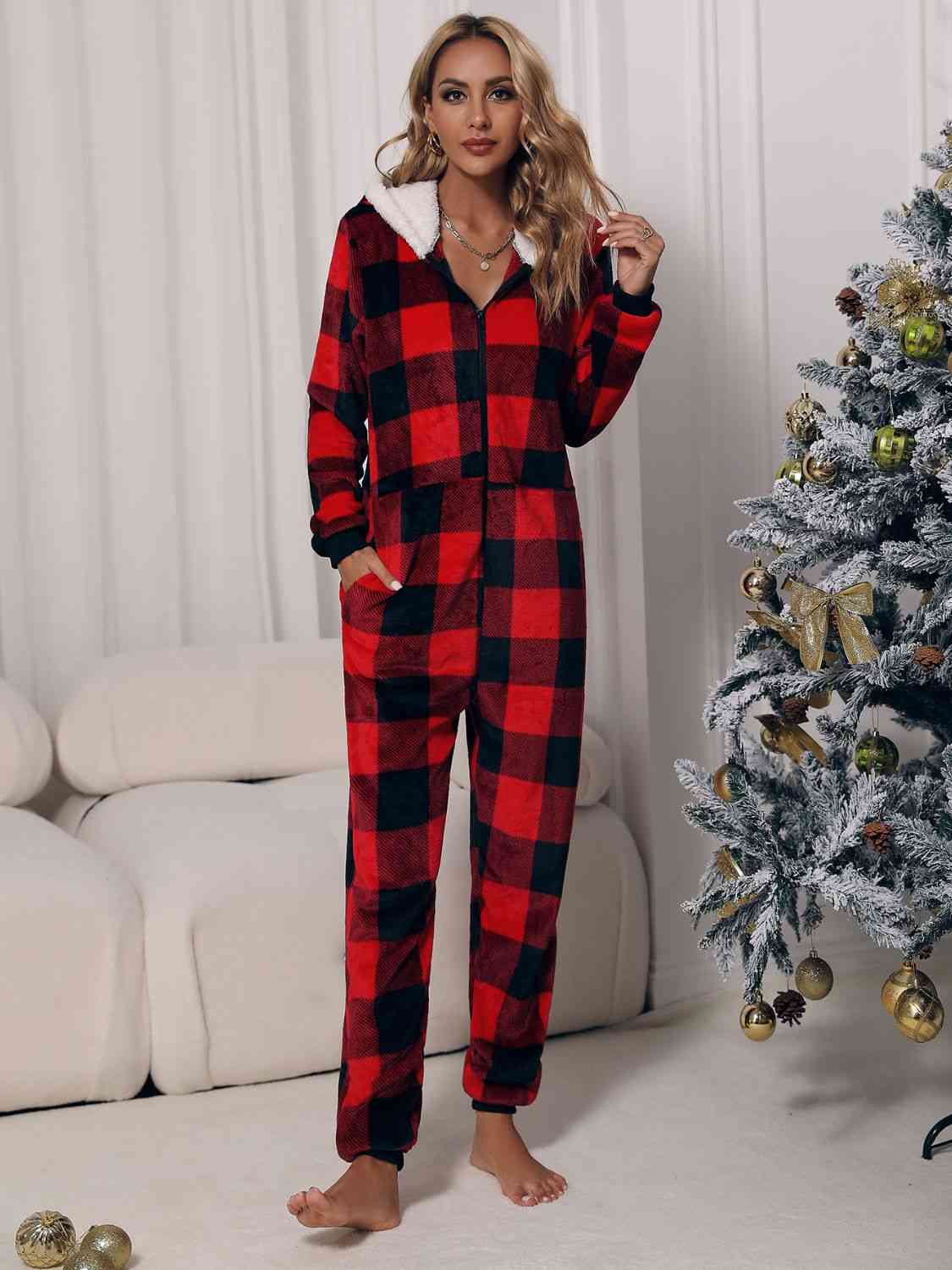 Plaid Zip Front Long Sleeve Hooded Lounge Jumpsuit | Sugarz Chique Boutique