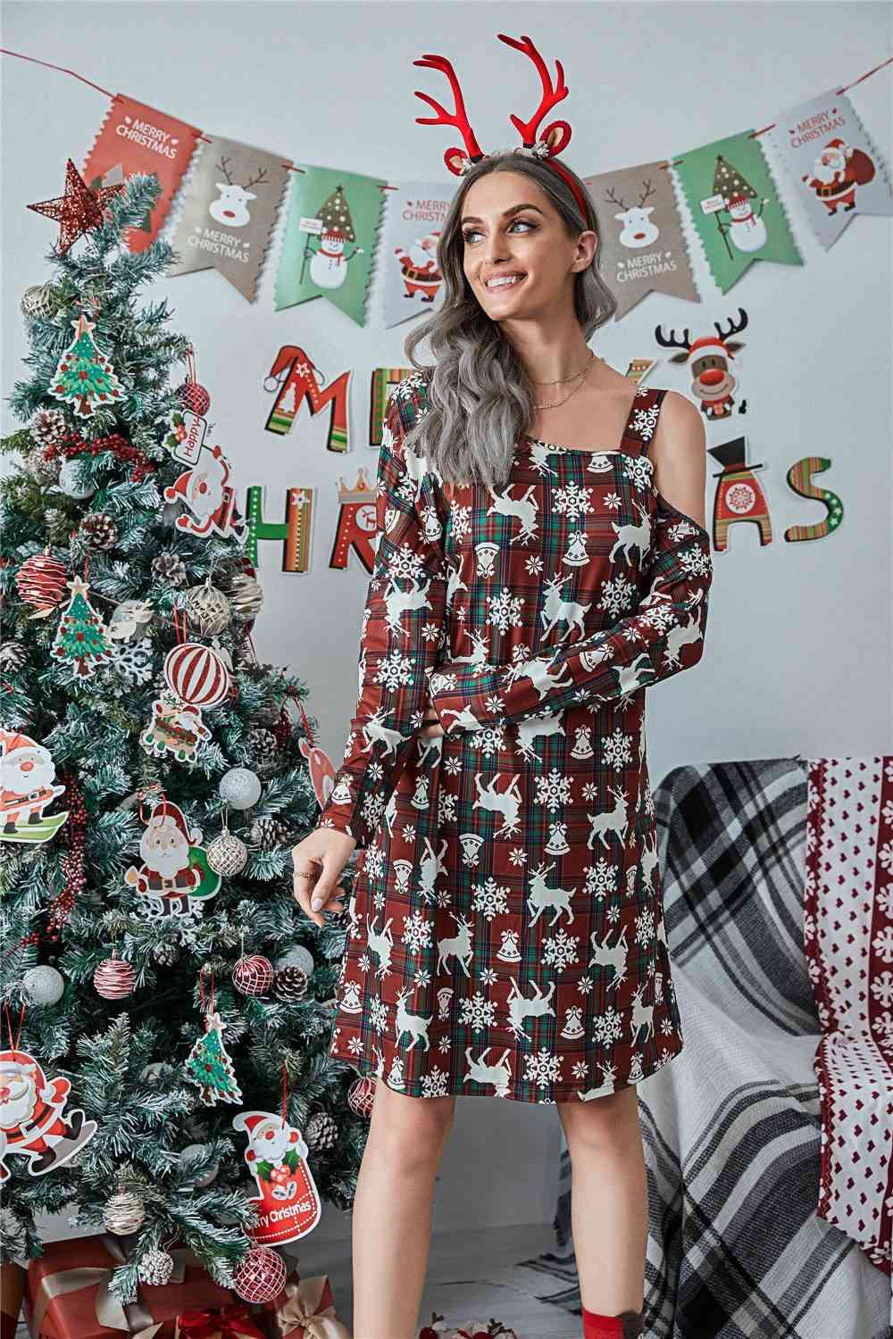 Christmas Asymmetrical Neck Long Sleeve Dress | Sugarz Chique Boutique