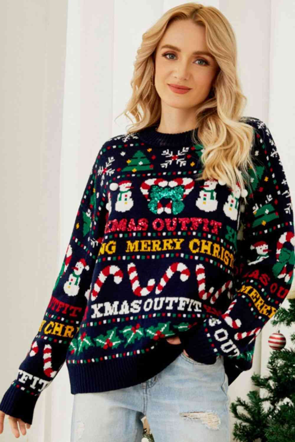 Christmas Print Crewneck Dropped Shoulder Sweater | Sugarz Chique Boutique