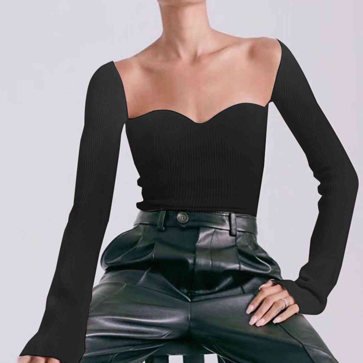 Sweetheart Neck Long Sleeve Knit Top | Sugarz Chique Boutique