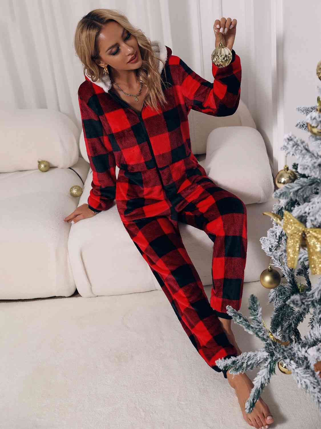 Plaid Zip Front Long Sleeve Hooded Lounge Jumpsuit | Sugarz Chique Boutique