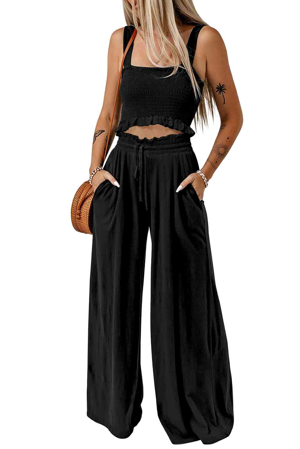 Square Neck Cropped Tank Top and Long Pants Set | Sugarz Chique Boutique