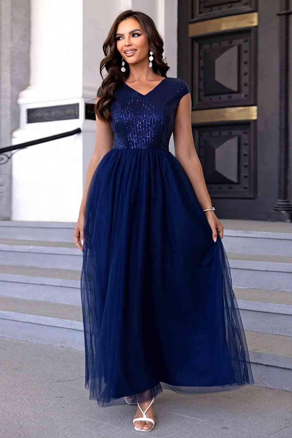 Sequin V-Neck Mesh Maxi Dress | Sugarz Chique Boutique
