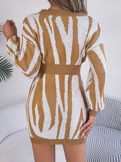 Animal Print V-Neck Long Sleeve Sweater Dress | Sugarz Chique Boutique