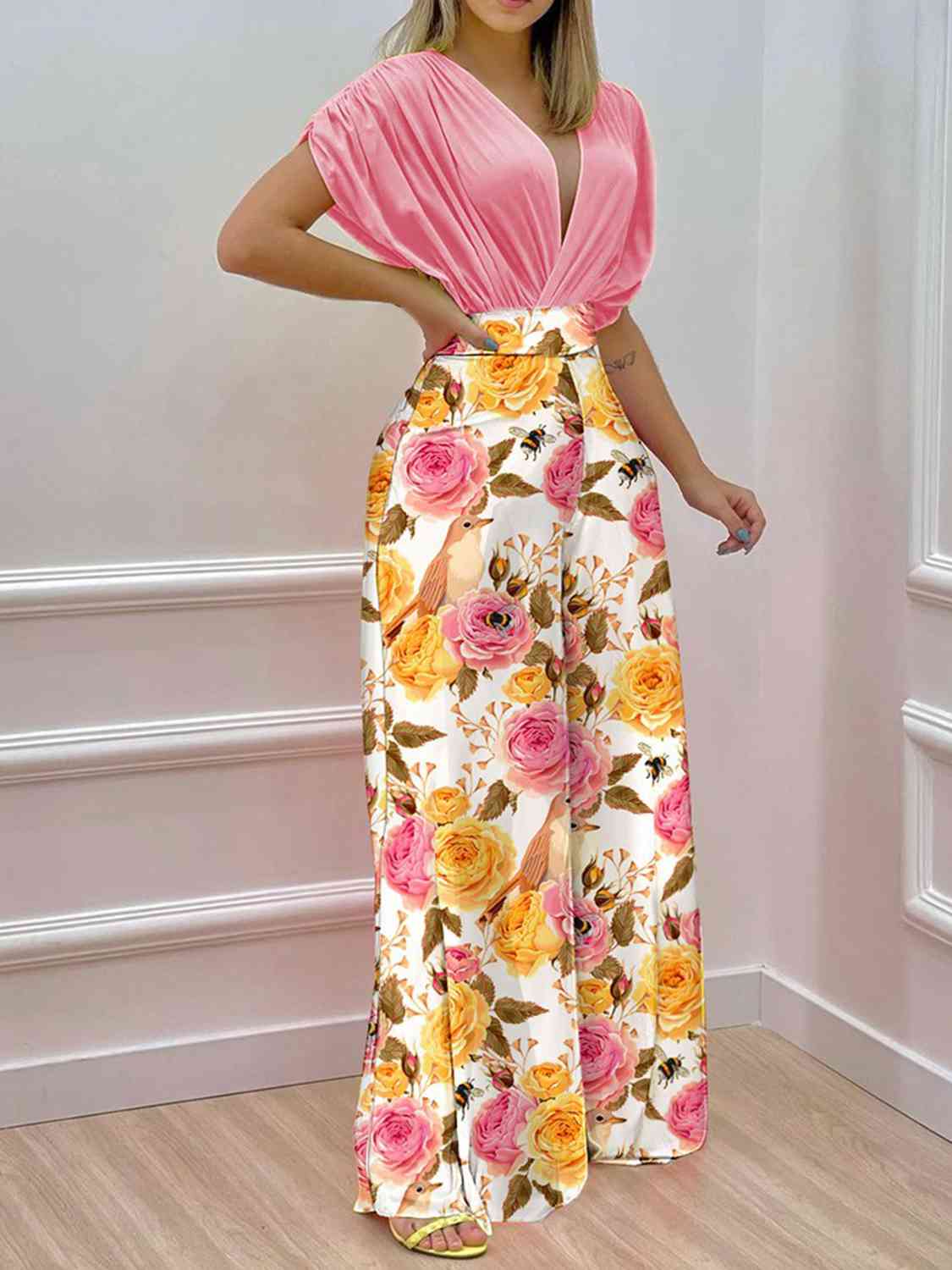 Printed Surplice Top and Wide Leg Pants Set | Sugarz Chique Boutique