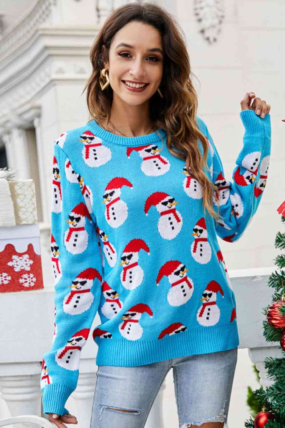 Christmas Snowman Ribbed Trim Round Neck Sweater | Sugarz Chique Boutique