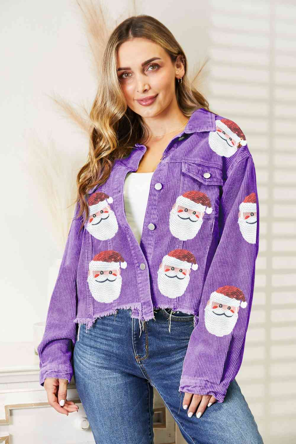Santa Sequin Raw Hem Jacket | Sugarz Chique Boutique