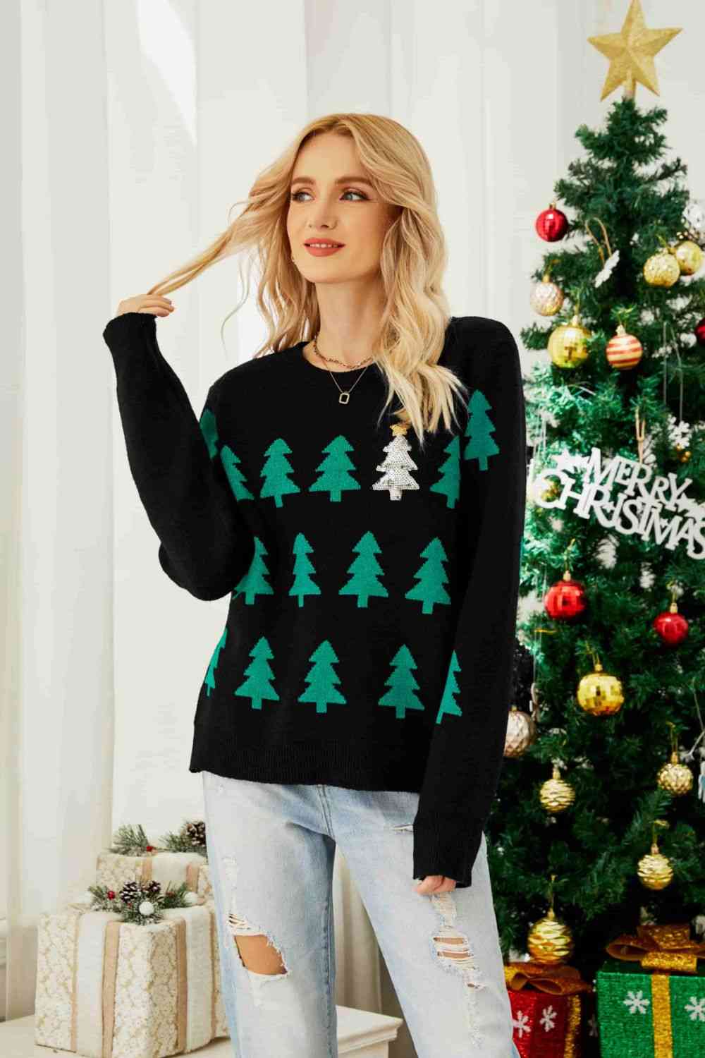 Christmas Tree Round Neck Ribbed Trim Sweater | Sugarz Chique Boutique