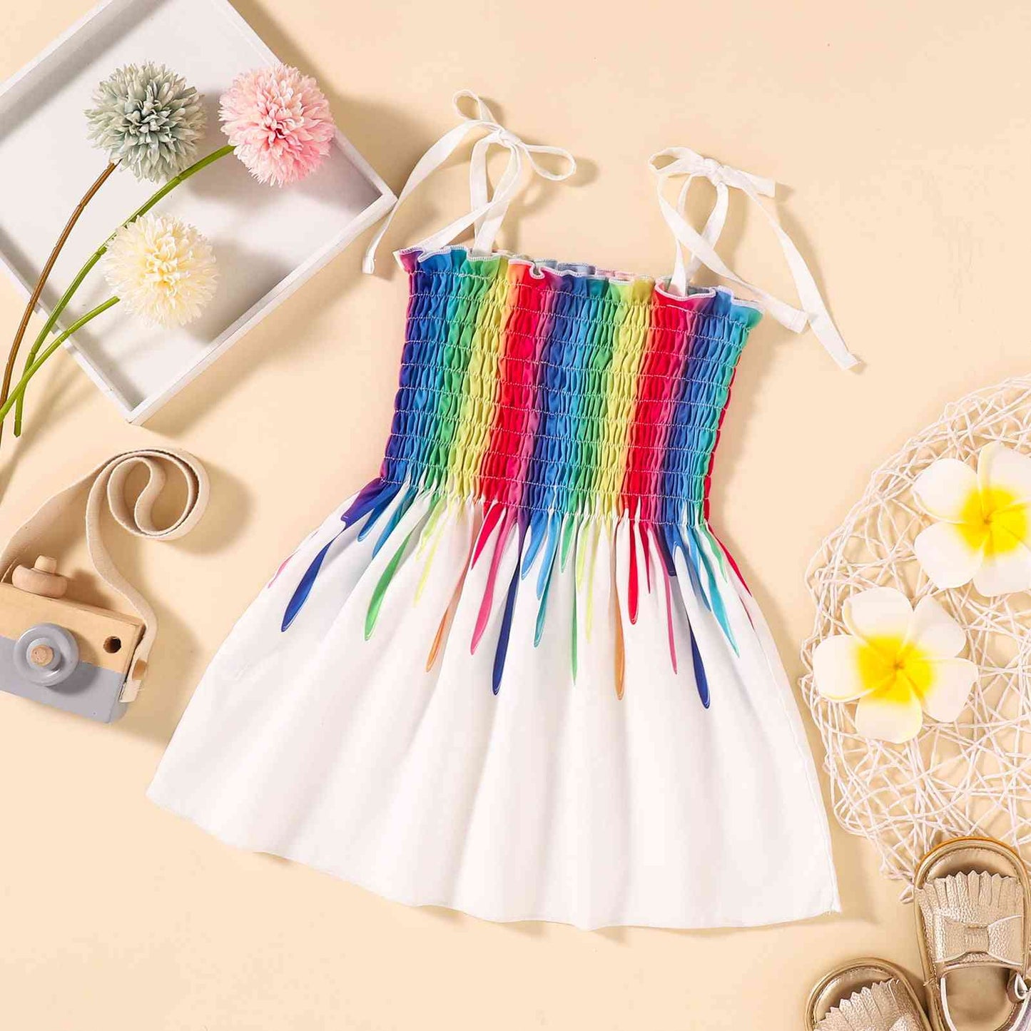 Rainbow Color Tie Shoulder Smocked Dress | Sugarz Chique Boutique
