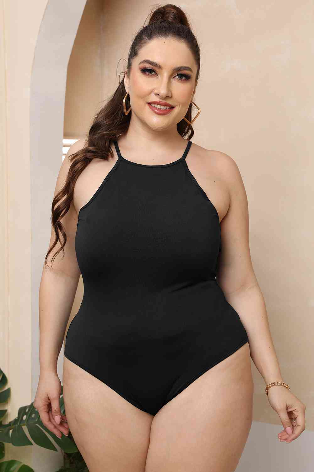 Plus Size Halter Neck Spaghetti Strap Bodysuit | Sugarz Chique Boutique