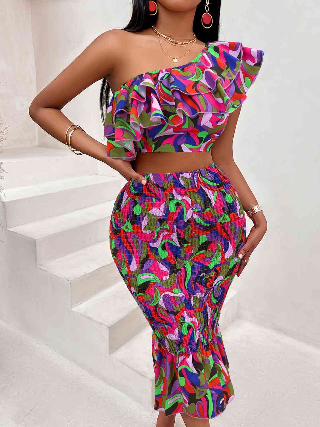 Ruffled One-Shoulder Top and Skirt Set | Sugarz Chique Boutique