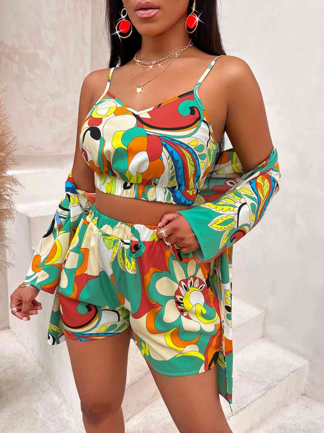 Printed Cami, Shorts, and Cardigan Set | Sugarz Chique Boutique