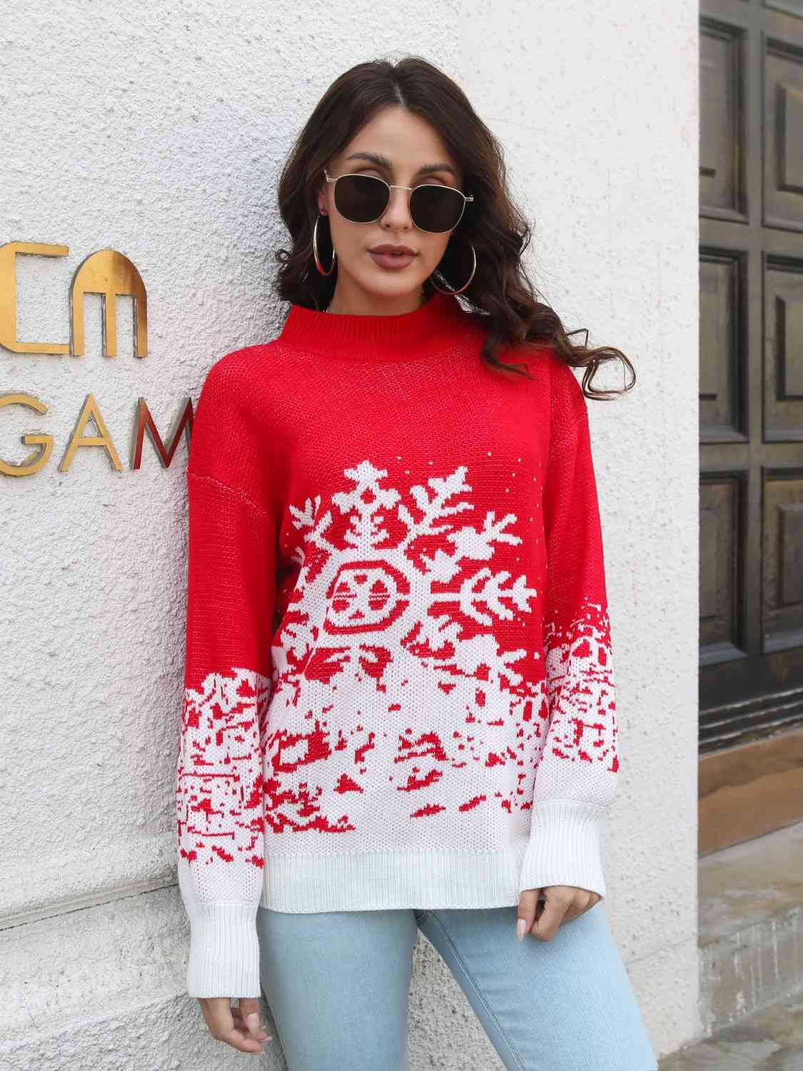 Snowflake Pattern Mock Neck Sweater | Sugarz Chique Boutique