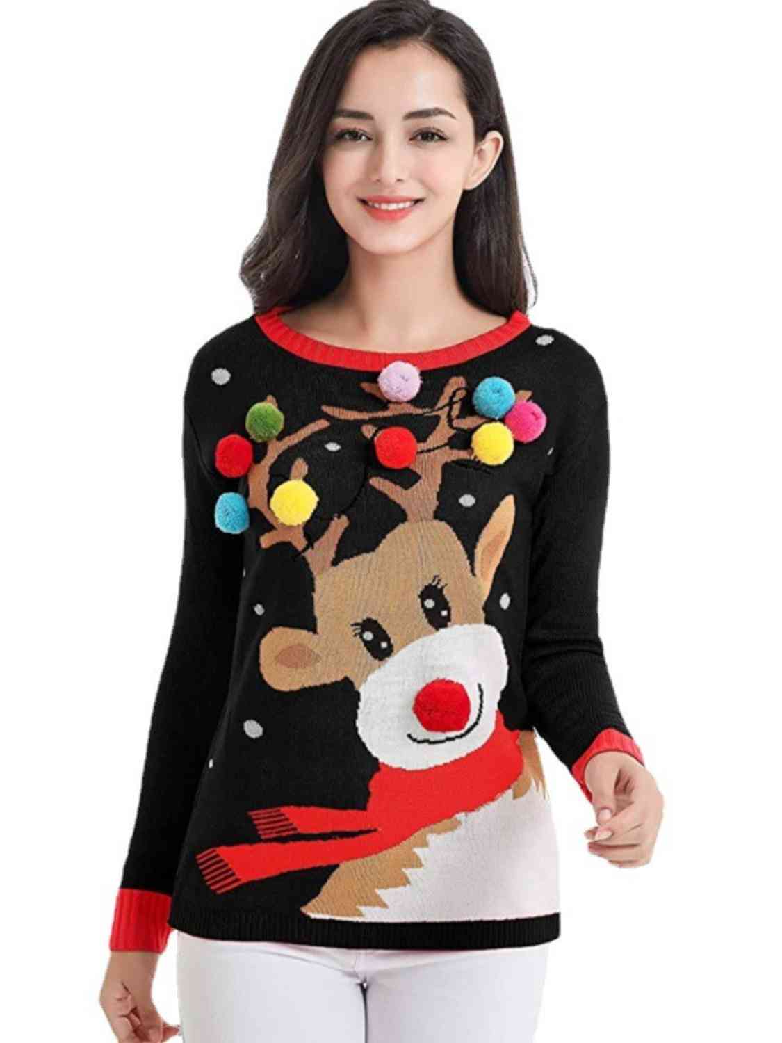 Rudolph Pom-Pom Trim Sweater | Sugarz Chique Boutique