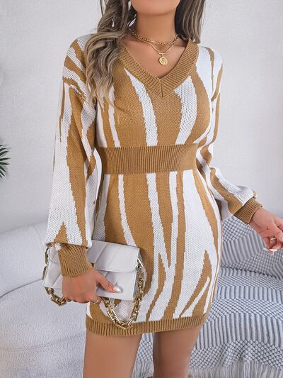 Animal Print V-Neck Long Sleeve Sweater Dress | Sugarz Chique Boutique