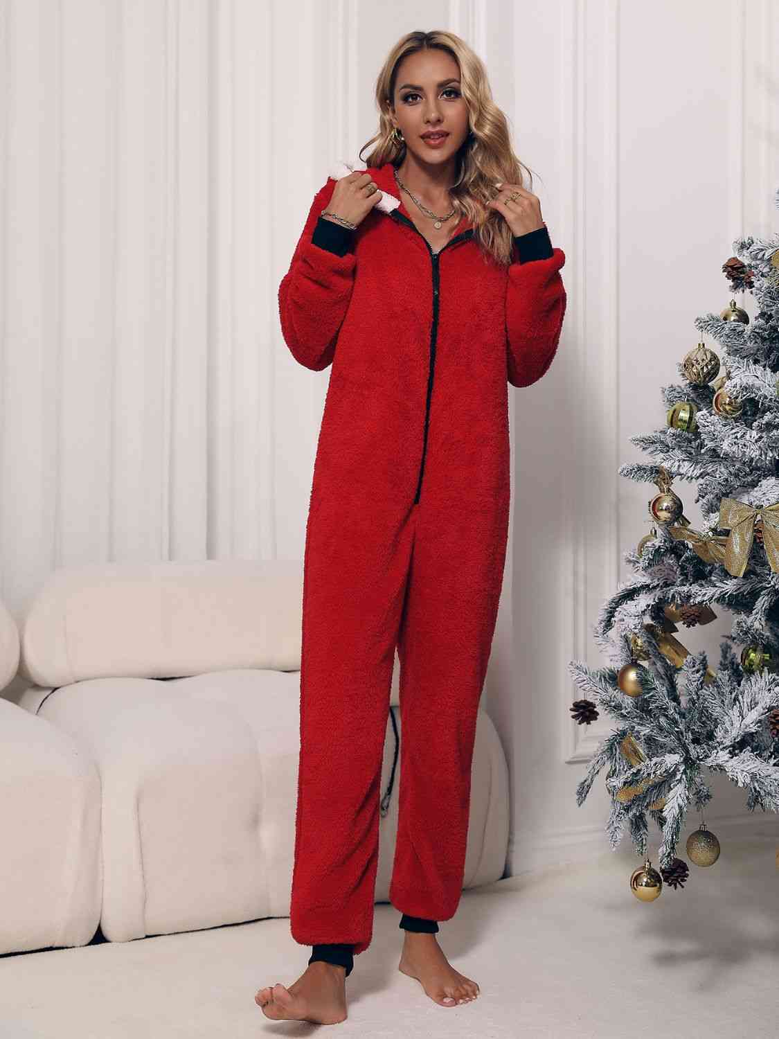 Zip Front Long Sleeve Hooded Teddy Lounge Jumpsuit | Sugarz Chique Boutique