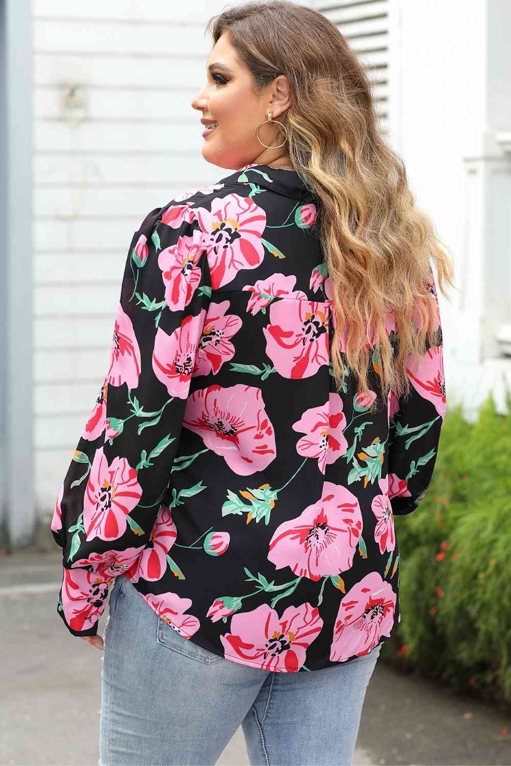 Plus Size Printed Collared Neck Long Sleeve Shirt | Sugarz Chique Boutique
