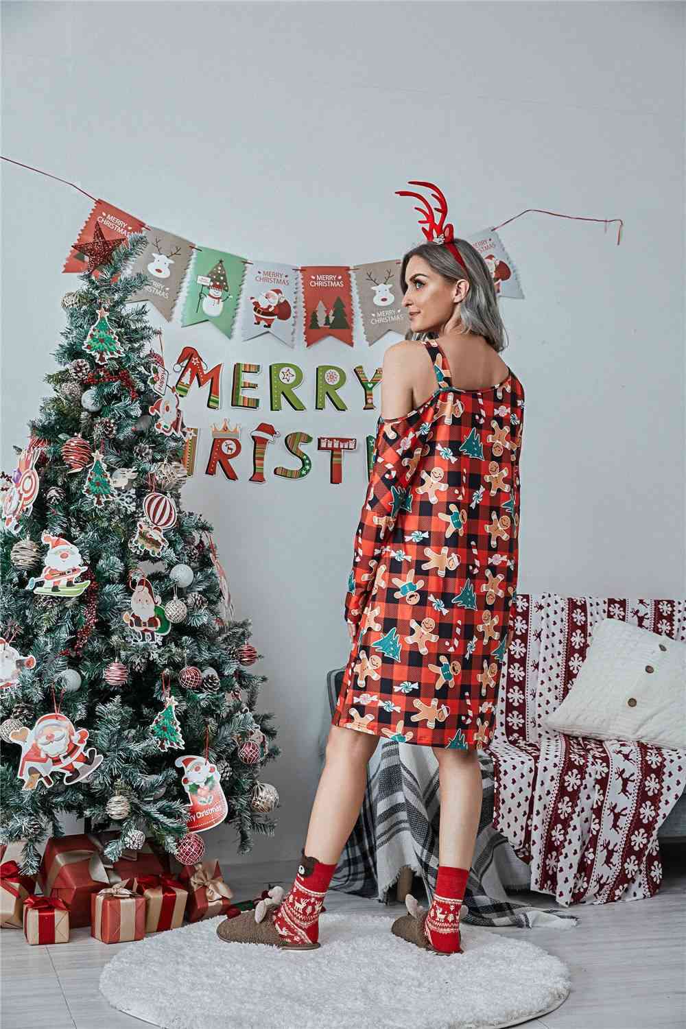 Christmas Asymmetrical Neck Long Sleeve Dress | Sugarz Chique Boutique