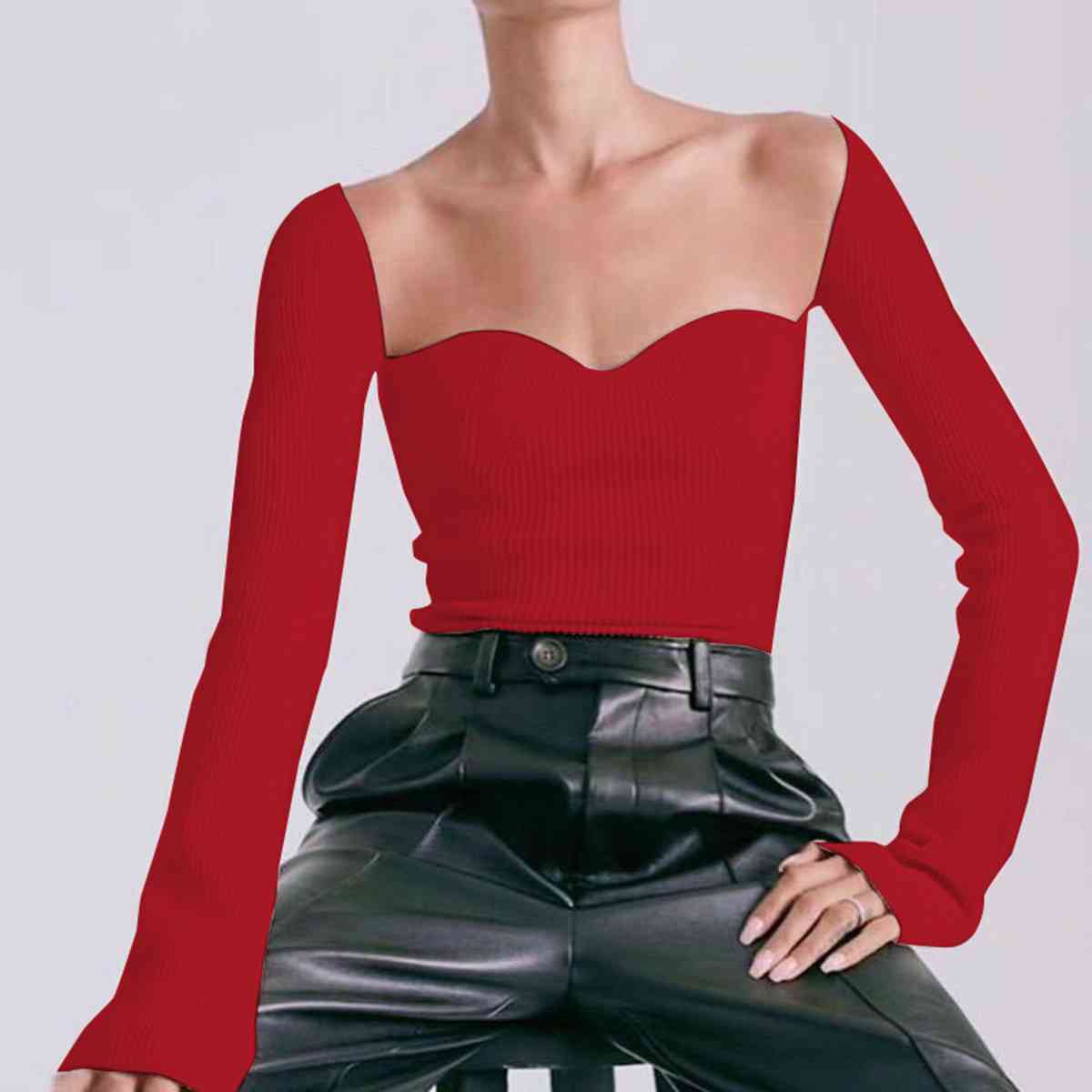 Sweetheart Neck Long Sleeve Knit Top | Sugarz Chique Boutique